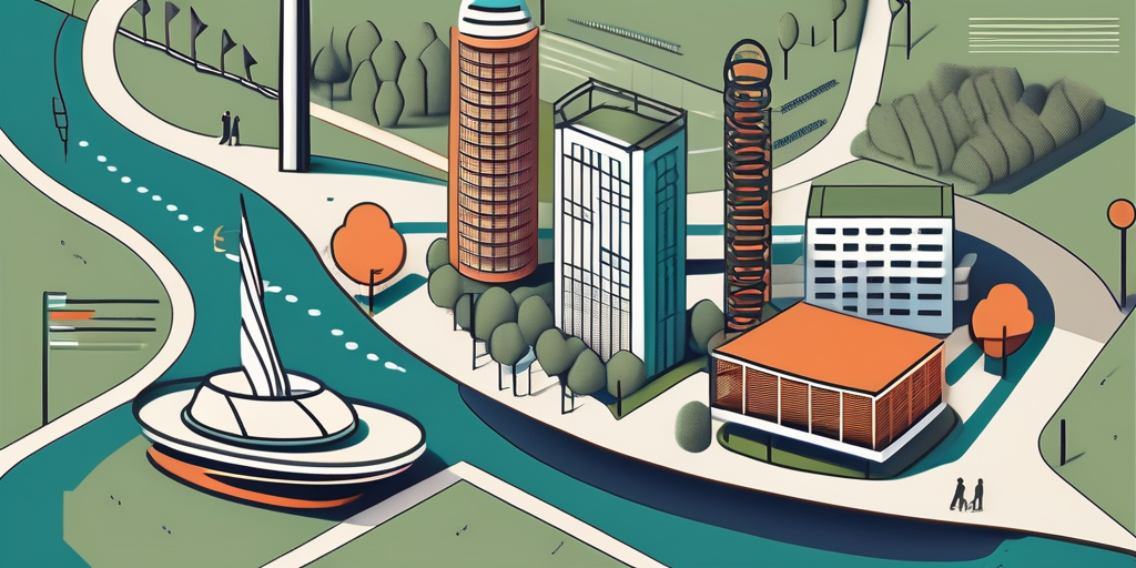 a diverse array of iconic landmarks in Duisburg, such as the Tiger and Turtle sculpture and the Duisburg Inner Harbor, incorporated into a stylized map, with subtle indications of a group tour path and team event locations, hand-drawn abstract illustration for a company blog, white background, professional, minimalist, clean lines, faded colors