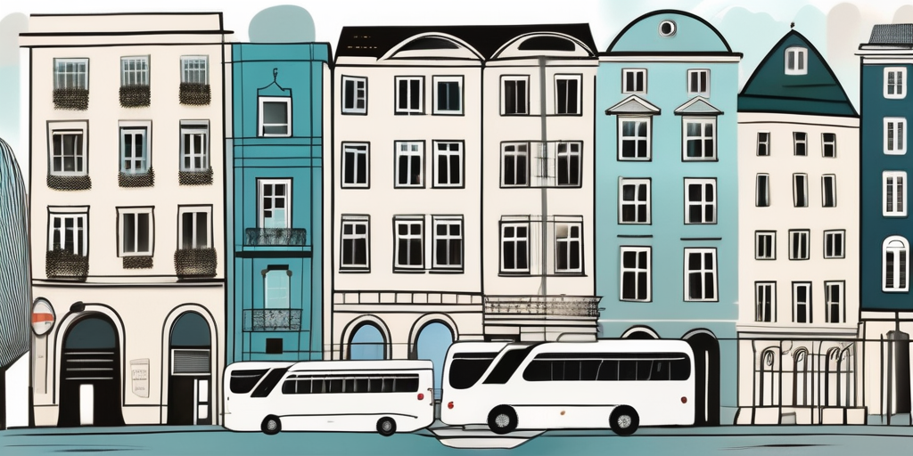 the Bonn cityscape, highlighting key landmarks, with subtle indications of a group tour, such as a tour bus and scattered travel accessories, hand-drawn abstract illustration for a company blog, white background, professional, minimalist, clean lines, faded colors