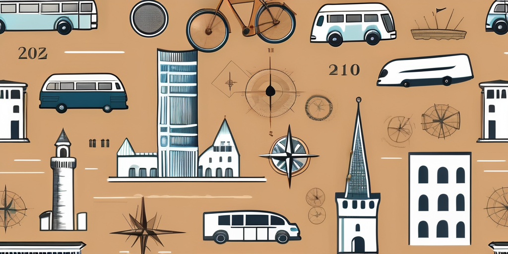 Düsseldorf's famous landmarks like the Rhine Tower and the Old Town, along with a tour bus and a few scattered travel-related items such as a map, a compass, and a pair of binoculars, hand-drawn abstract illustration for a company blog, white background, professional, minimalist, clean lines, faded colors